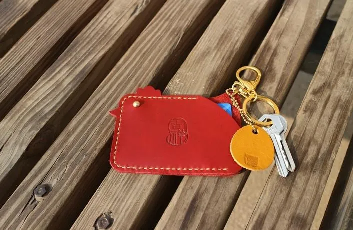 HANDMADE LEATHER CUTE Women Chicken CARD Holder Keychain PERSONALIZED MONOGRAMMED GIFT CUSTOM Wallet Card Holder keyring