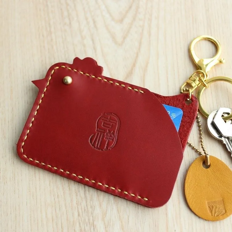 HANDMADE LEATHER CUTE Women Chicken CARD Holder Keychain PERSONALIZED MONOGRAMMED GIFT CUSTOM Wallet Card Holder keyring