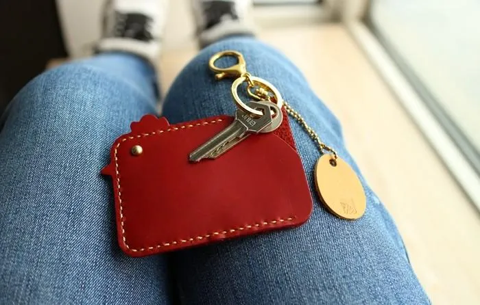 HANDMADE LEATHER CUTE Women Chicken CARD Holder Keychain PERSONALIZED MONOGRAMMED GIFT CUSTOM Wallet Card Holder keyring
