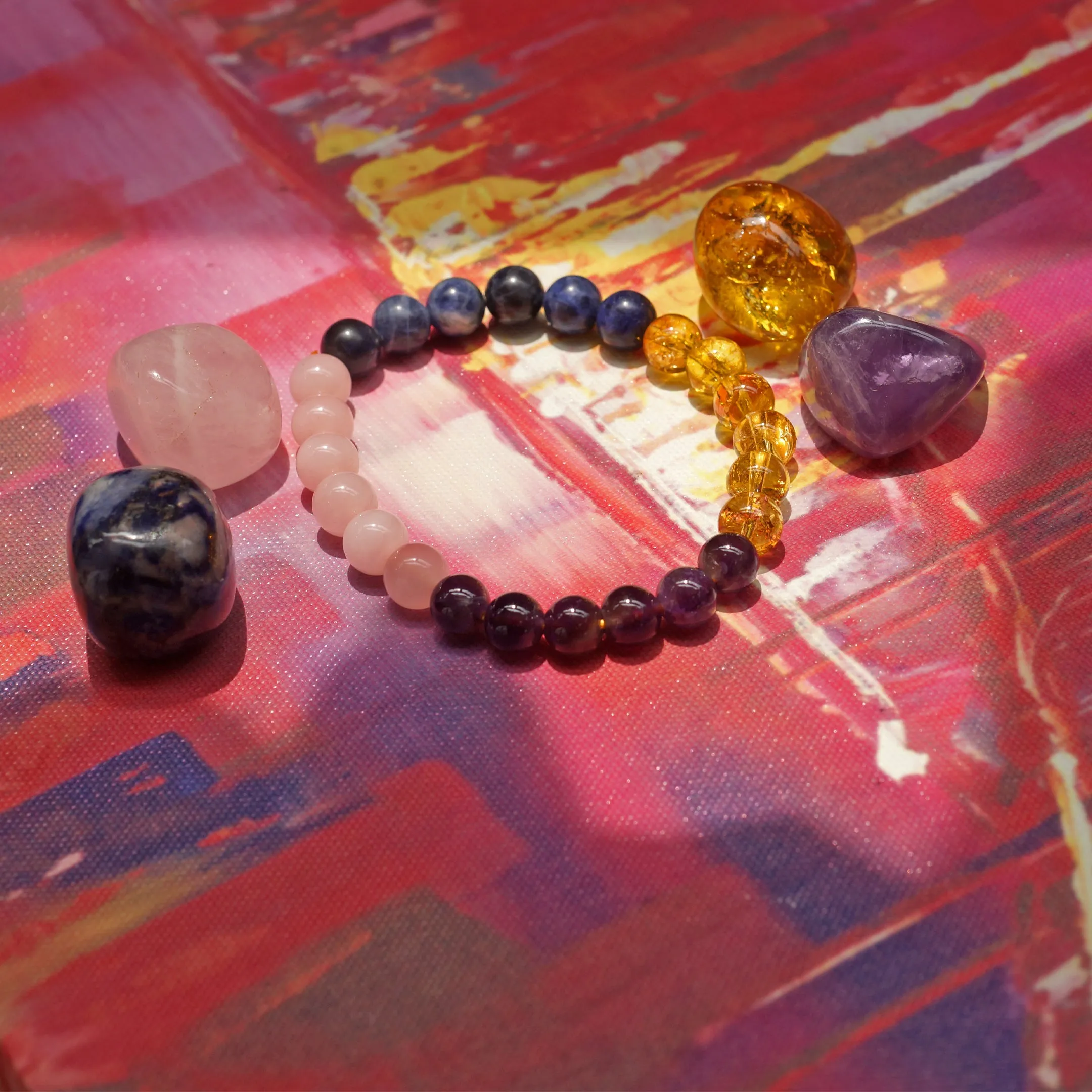 Healing Crystal Set for Sleep - 7 inch Stretchable unisex bracelet with Amethyst, Citrine, Sodalite and Rose Quartz Palm Stones for better sleep, good dreams, spiritual awareness & overall well-being