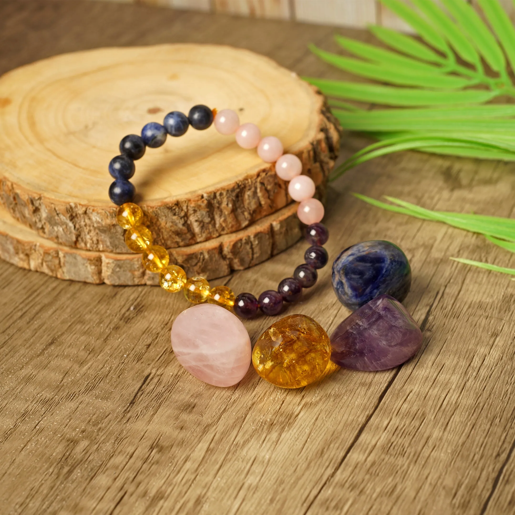 Healing Crystal Set for Sleep - 7 inch Stretchable unisex bracelet with Amethyst, Citrine, Sodalite and Rose Quartz Palm Stones for better sleep, good dreams, spiritual awareness & overall well-being