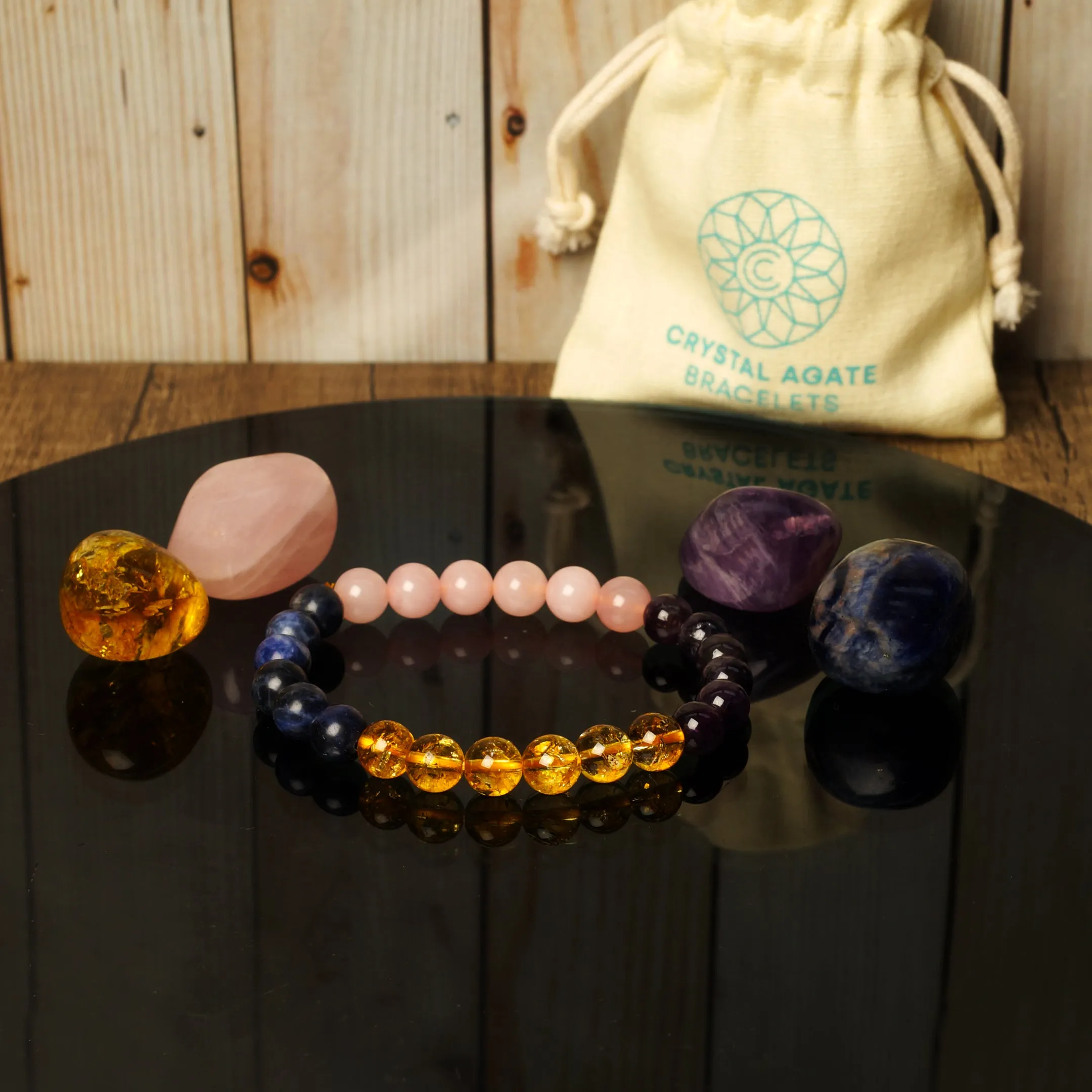 Healing Crystal Set for Sleep - 7 inch Stretchable unisex bracelet with Amethyst, Citrine, Sodalite and Rose Quartz Palm Stones for better sleep, good dreams, spiritual awareness & overall well-being