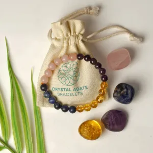 Healing Crystal Set for Sleep - 7 inch Stretchable unisex bracelet with Amethyst, Citrine, Sodalite and Rose Quartz Palm Stones for better sleep, good dreams, spiritual awareness & overall well-being