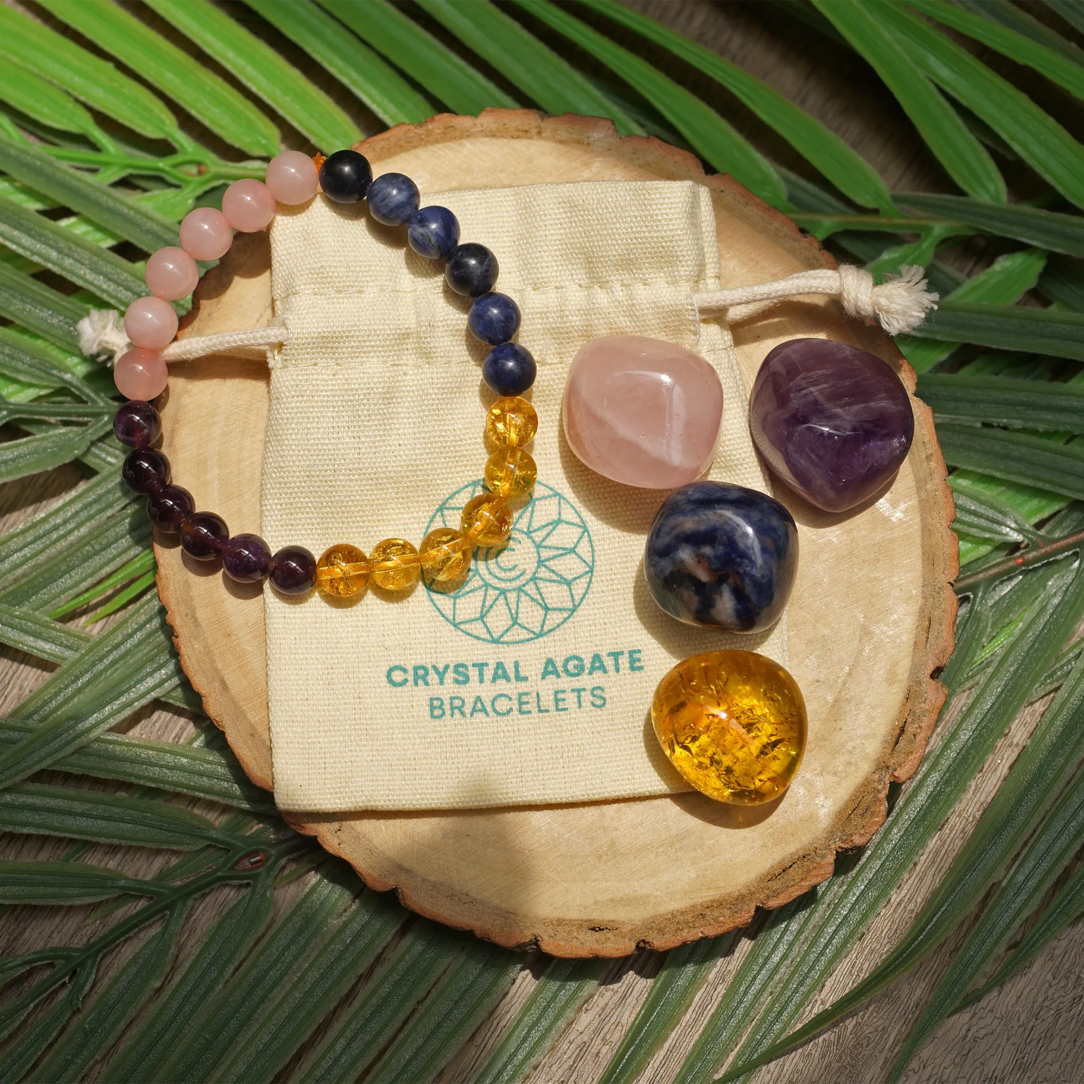 Healing Crystal Set for Sleep - 7 inch Stretchable unisex bracelet with Amethyst, Citrine, Sodalite and Rose Quartz Palm Stones for better sleep, good dreams, spiritual awareness & overall well-being