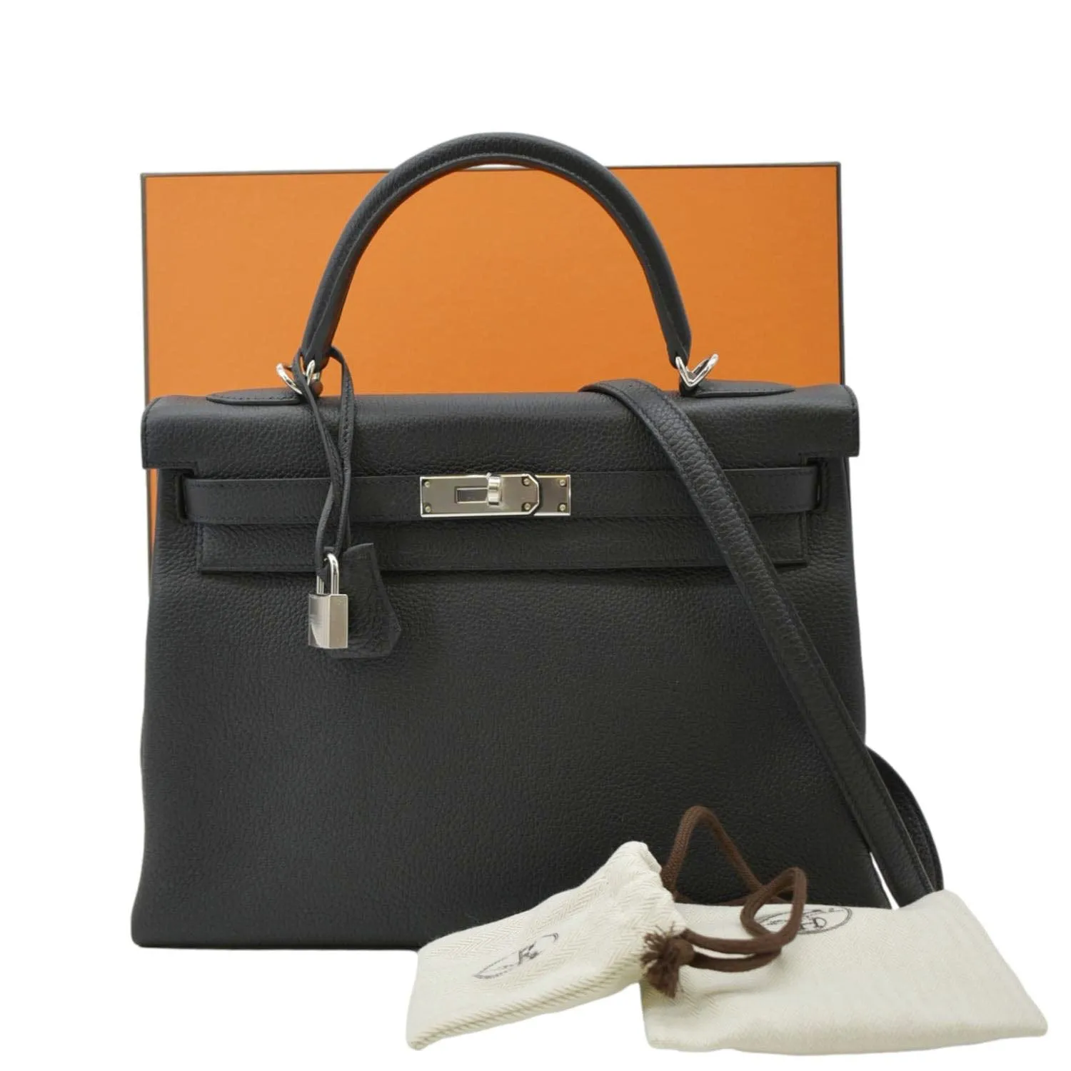 HERMES Kelly 32 Togo Leather Tote Shoulder Bag Black