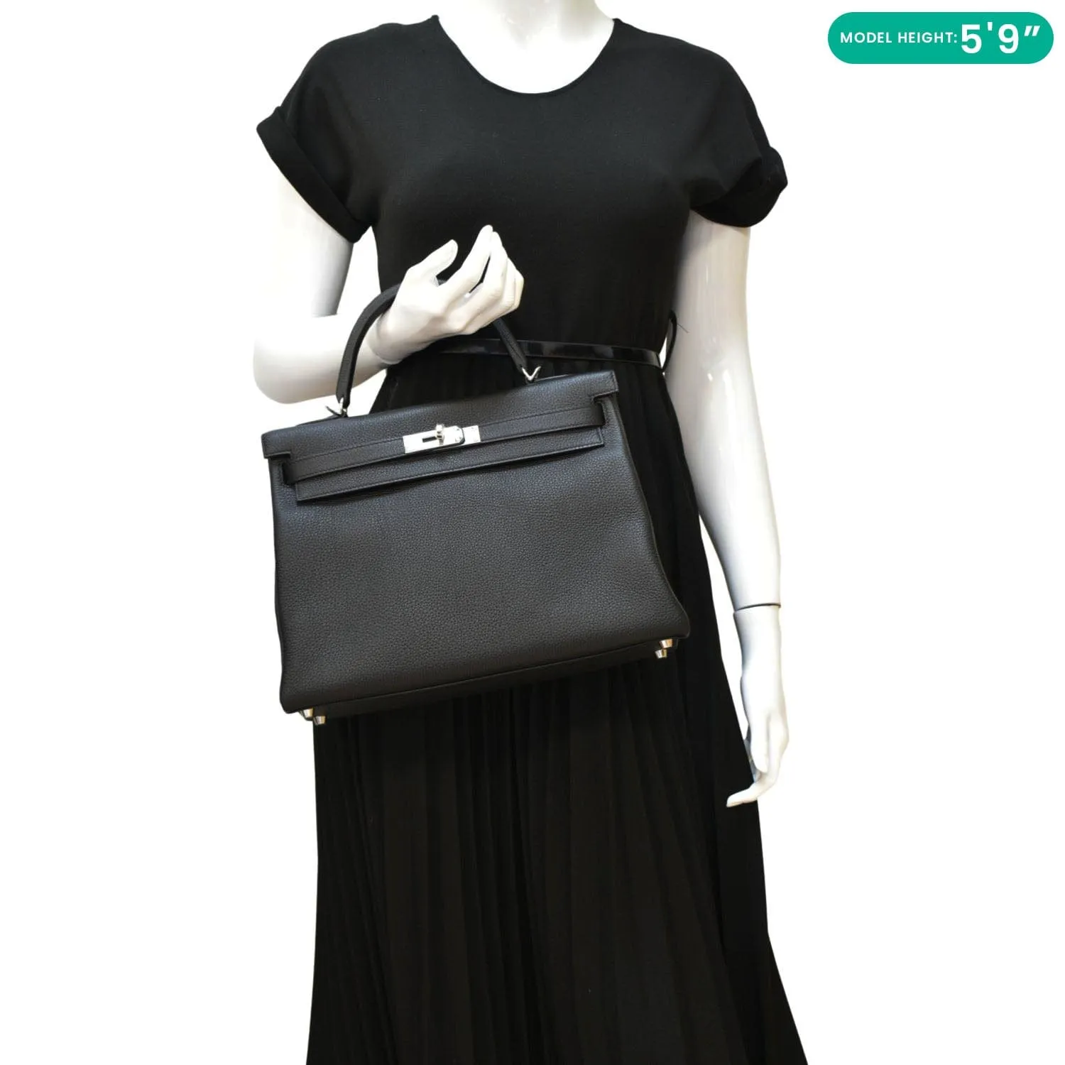 HERMES Kelly 32 Togo Leather Tote Shoulder Bag Black