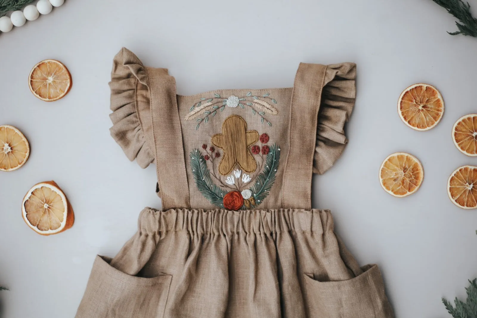 Holiday Gingerbread Hand Embroidered 3 Piece Pinafore