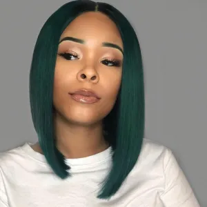 Human Hair Lace Front Dark Green Black Root Bob Wig