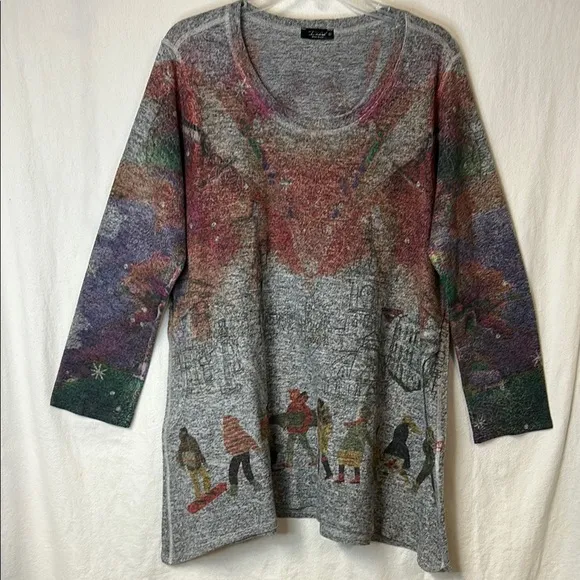 Inoah Women’s Multicolor Graphic Sweater Size XL Scoop Neck Long Sleeve