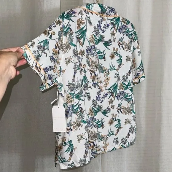 Japna L White Orange Blue Purple Green Floral Bird Print PJ Set Top &amp; Shorts