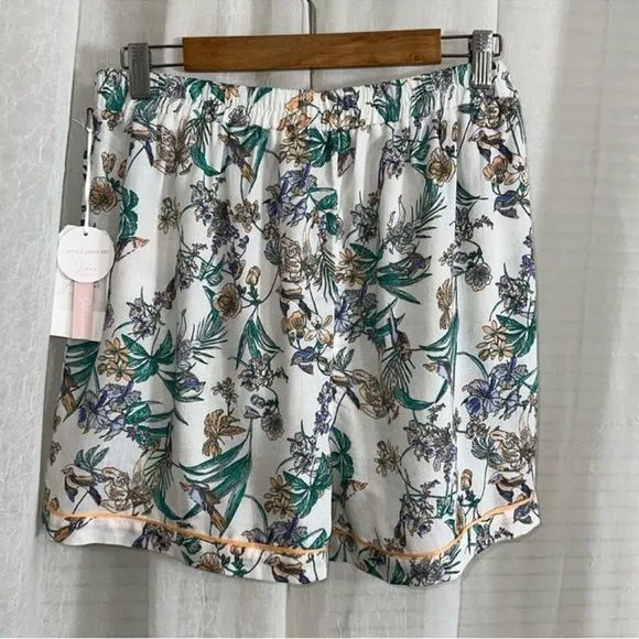 Japna L White Orange Blue Purple Green Floral Bird Print PJ Set Top &amp; Shorts