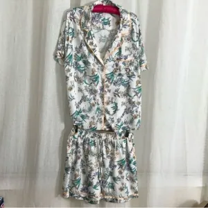 Japna L White Orange Blue Purple Green Floral Bird Print PJ Set Top &amp; Shorts