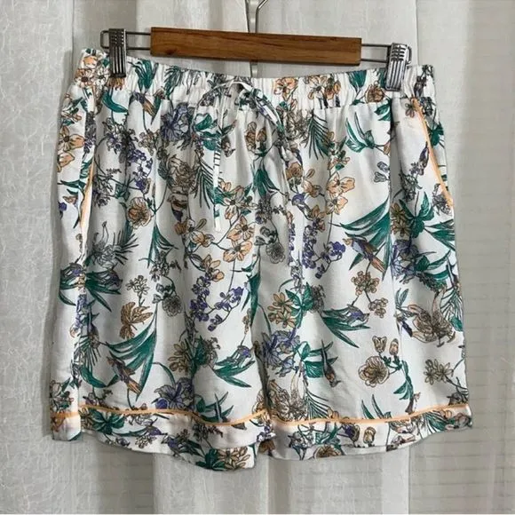 Japna L White Orange Blue Purple Green Floral Bird Print PJ Set Top &amp; Shorts