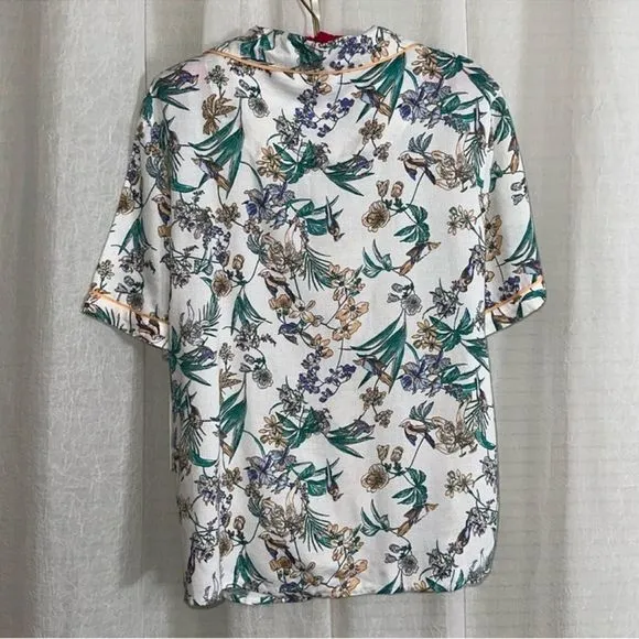 Japna L White Orange Blue Purple Green Floral Bird Print PJ Set Top &amp; Shorts