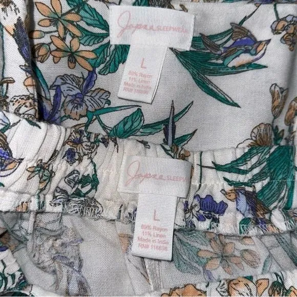 Japna L White Orange Blue Purple Green Floral Bird Print PJ Set Top &amp; Shorts