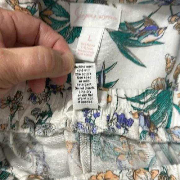 Japna L White Orange Blue Purple Green Floral Bird Print PJ Set Top &amp; Shorts