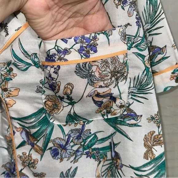 Japna L White Orange Blue Purple Green Floral Bird Print PJ Set Top &amp; Shorts