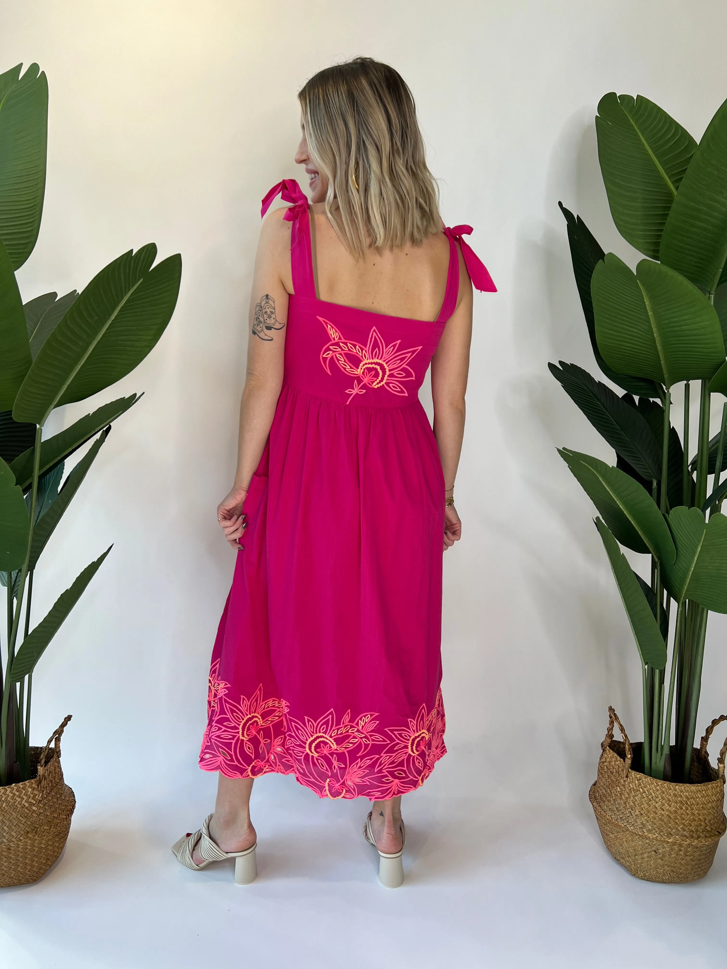 Juliet Dunn Cut Out Tie Dress Fuschia