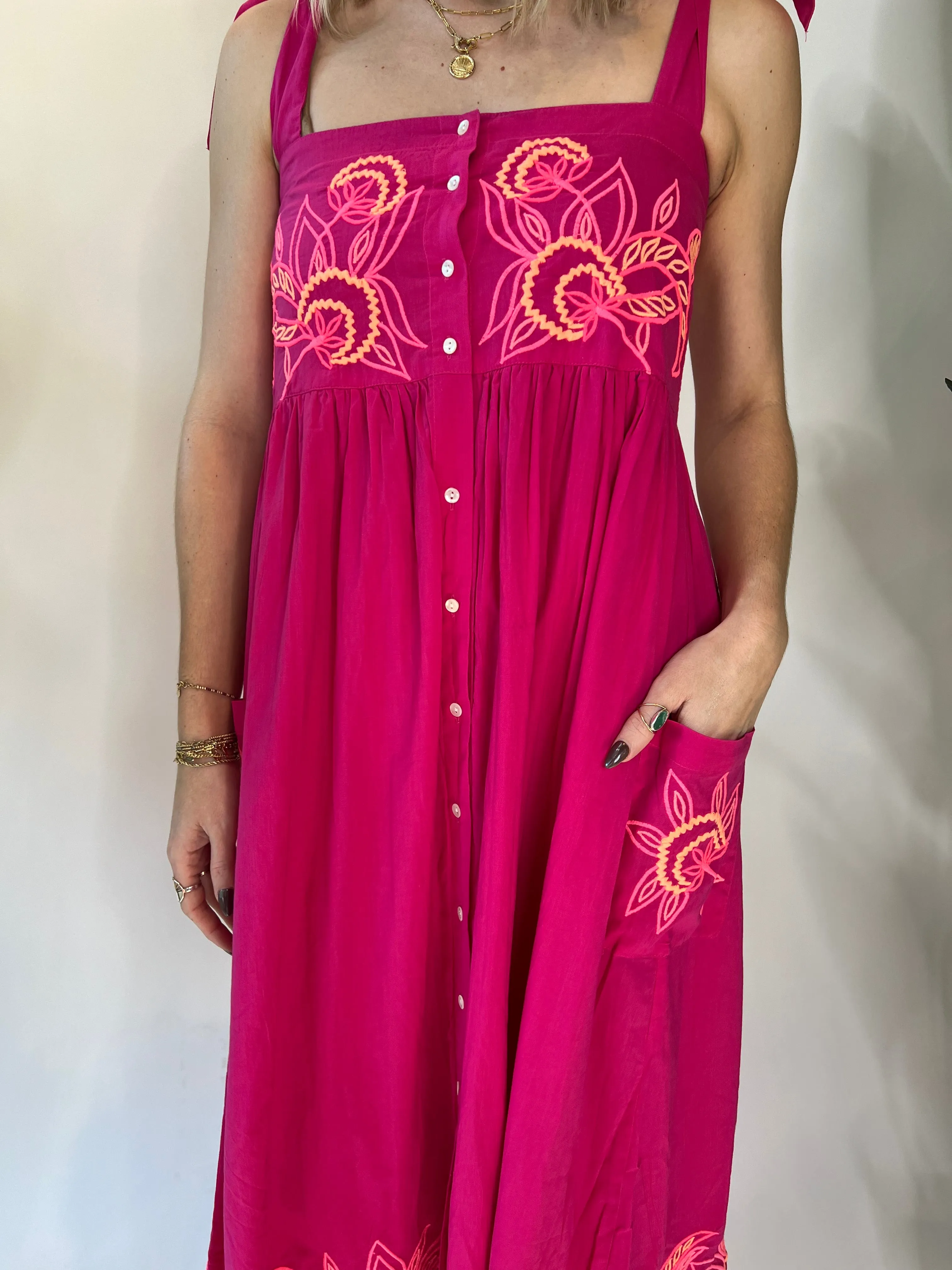Juliet Dunn Cut Out Tie Dress Fuschia