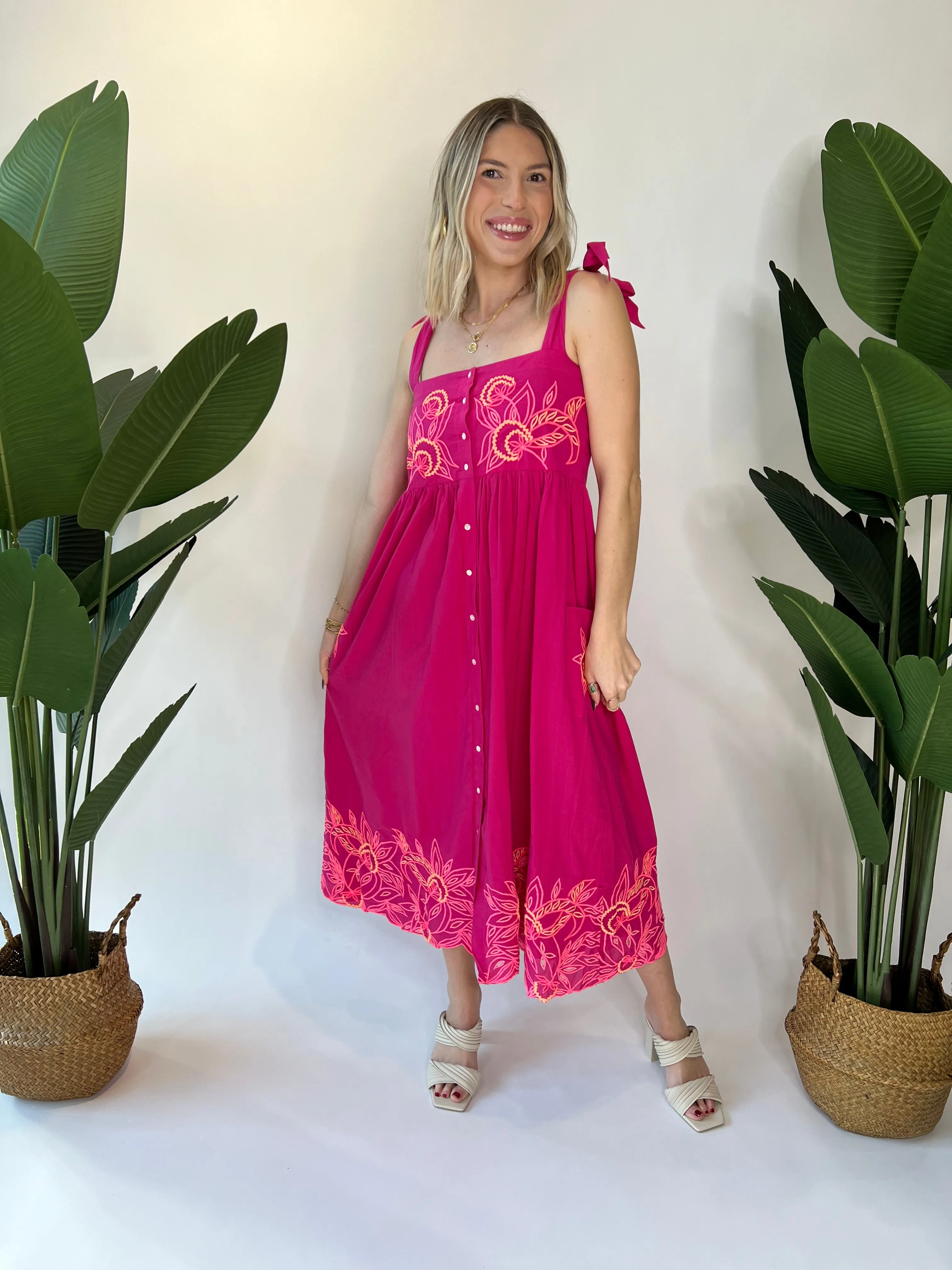 Juliet Dunn Cut Out Tie Dress Fuschia