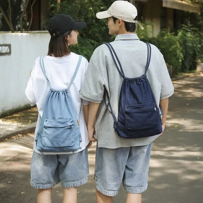 Kawaii Denim Dreamer 🌈💼 - Retro Drawstring Canvas Backpack for Fun-Filled Travels 🎒✨