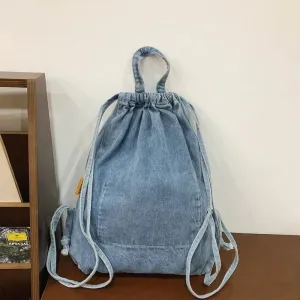 Kawaii Denim Dreamer 🌈💼 - Retro Drawstring Canvas Backpack for Fun-Filled Travels 🎒✨
