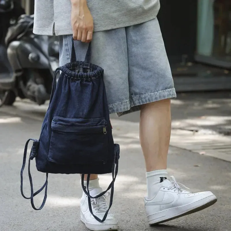Kawaii Denim Dreamer 🌈💼 - Retro Drawstring Canvas Backpack for Fun-Filled Travels 🎒✨
