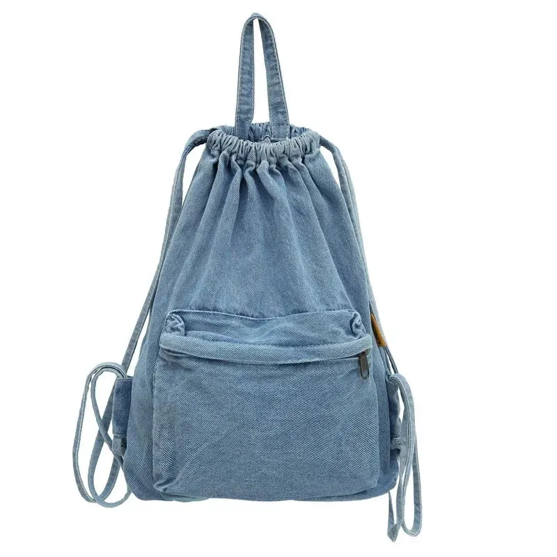 Kawaii Denim Dreamer 🌈💼 - Retro Drawstring Canvas Backpack for Fun-Filled Travels 🎒✨