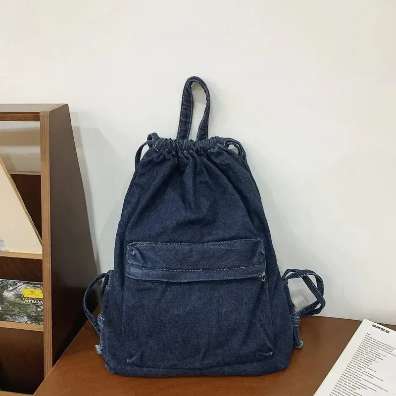 Kawaii Denim Dreamer 🌈💼 - Retro Drawstring Canvas Backpack for Fun-Filled Travels 🎒✨