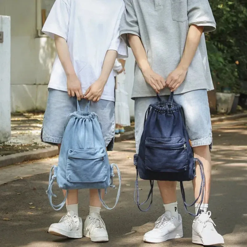 Kawaii Denim Dreamer 🌈💼 - Retro Drawstring Canvas Backpack for Fun-Filled Travels 🎒✨