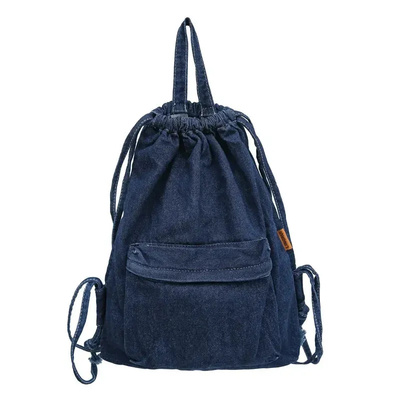 Kawaii Denim Dreamer 🌈💼 - Retro Drawstring Canvas Backpack for Fun-Filled Travels 🎒✨