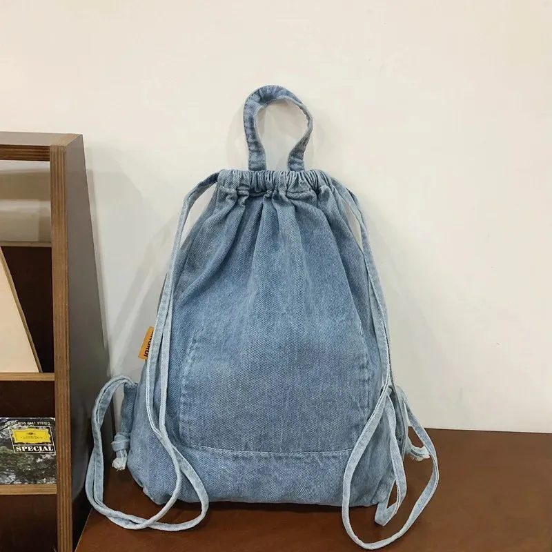 Kawaii Denim Dreamer 🌈💼 - Retro Drawstring Canvas Backpack for Fun-Filled Travels 🎒✨