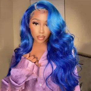 Lace Front Styled Wig Peruvian Blue Highlights Color Human Hair
