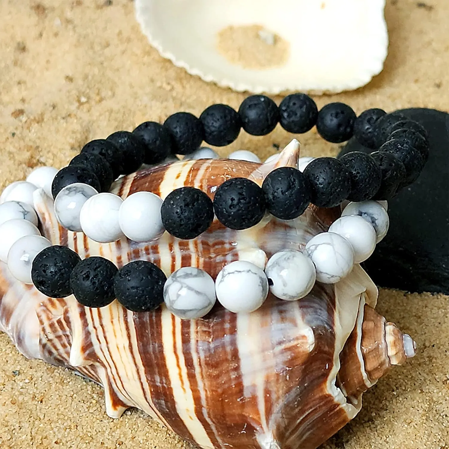 Lava Stone Chakra Bracelet Couple Set – Natural Lava Rock Gemstone Crystal Bracelet for Anxiety, Stress Relief, Reiki Healing – Howlite Yoga Beads Stretchy Bracelet Bangle Gifts Idea
