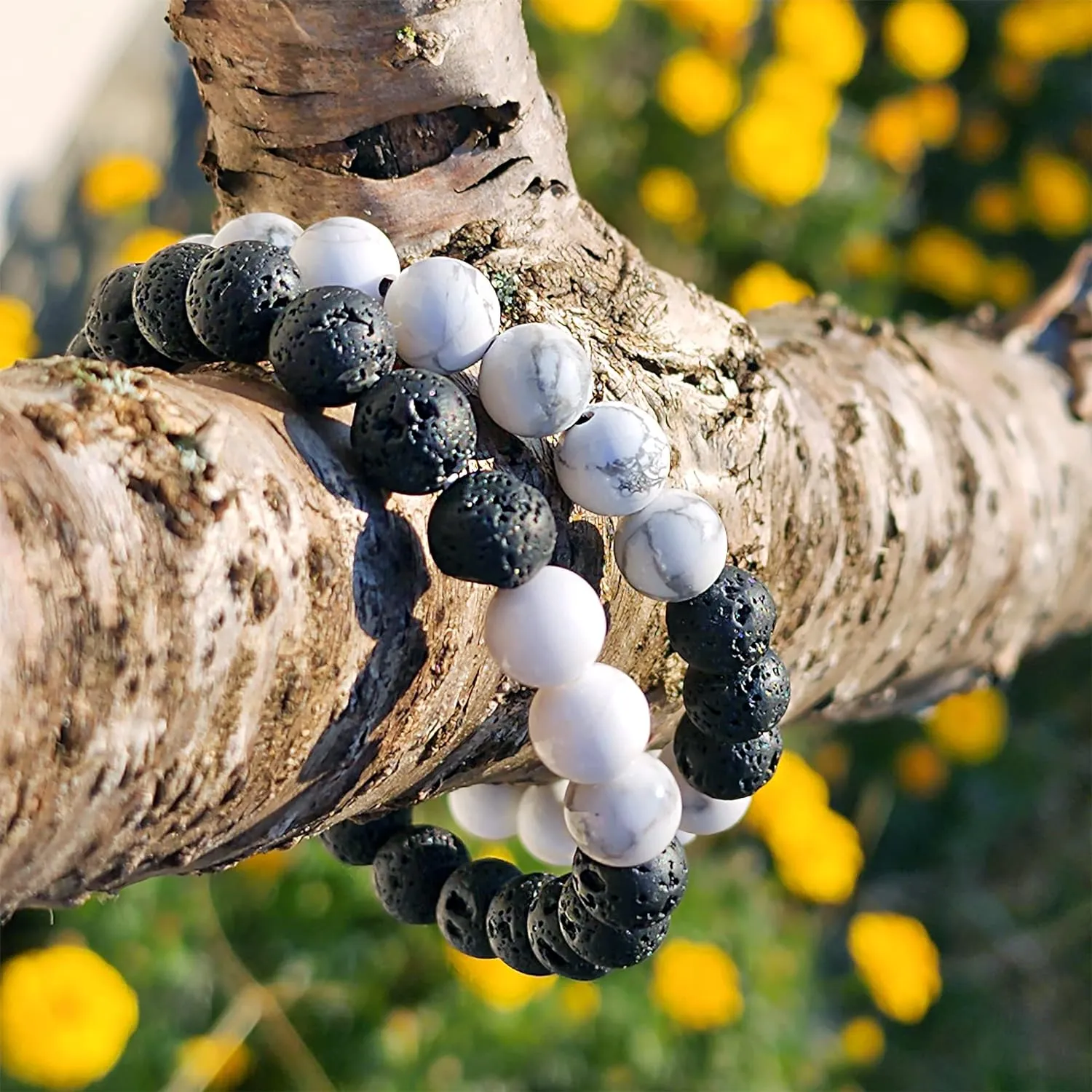 Lava Stone Chakra Bracelet Couple Set – Natural Lava Rock Gemstone Crystal Bracelet for Anxiety, Stress Relief, Reiki Healing – Howlite Yoga Beads Stretchy Bracelet Bangle Gifts Idea