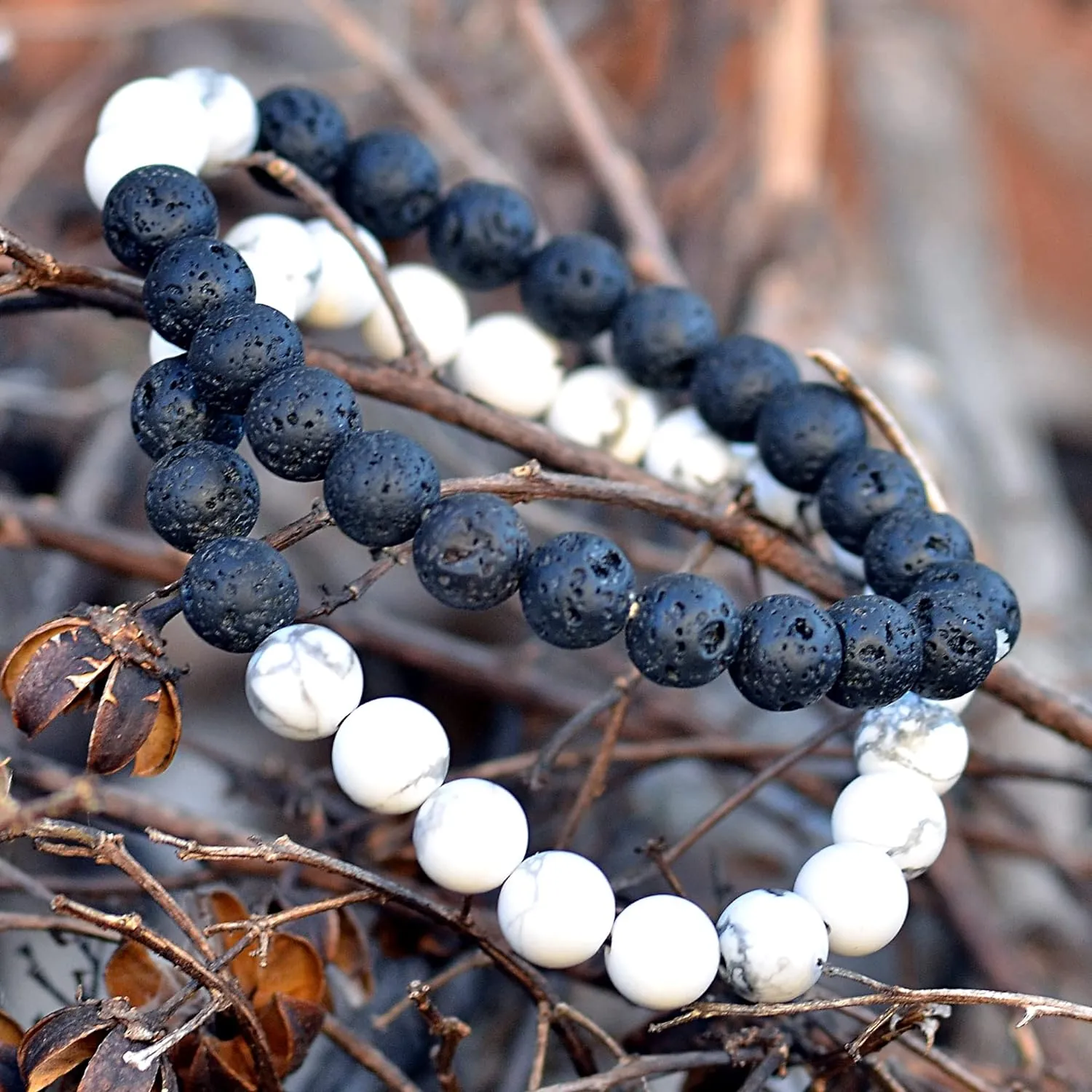 Lava Stone Chakra Bracelet Couple Set – Natural Lava Rock Gemstone Crystal Bracelet for Anxiety, Stress Relief, Reiki Healing – Howlite Yoga Beads Stretchy Bracelet Bangle Gifts Idea