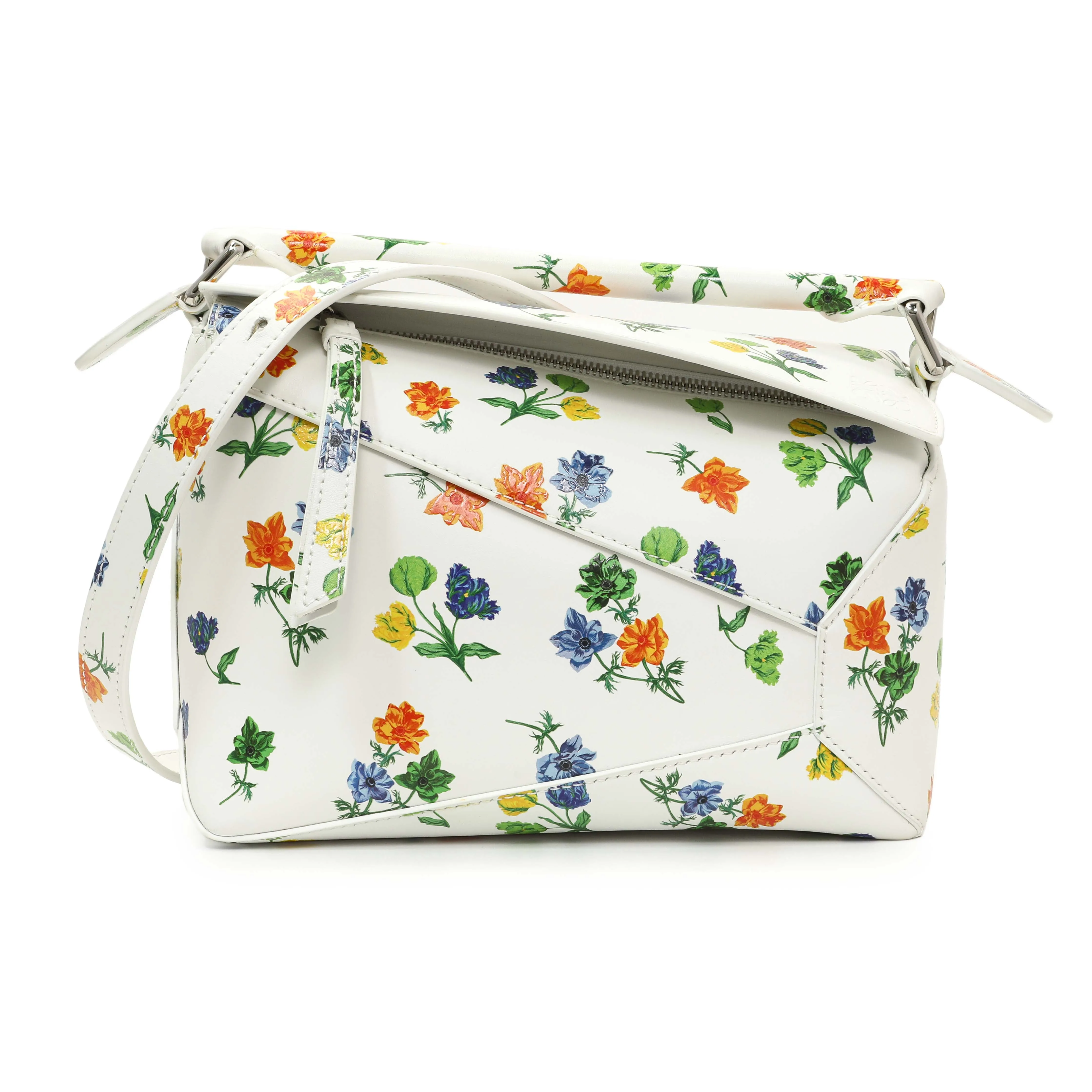 Loewe White Flower Print Calfskin Small Puzzle Edge Bag