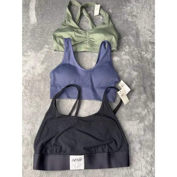 Lot Of 3 Aerie Real Good Ribbed Sports Bra Womens Small Multicolor Nylon Stretch