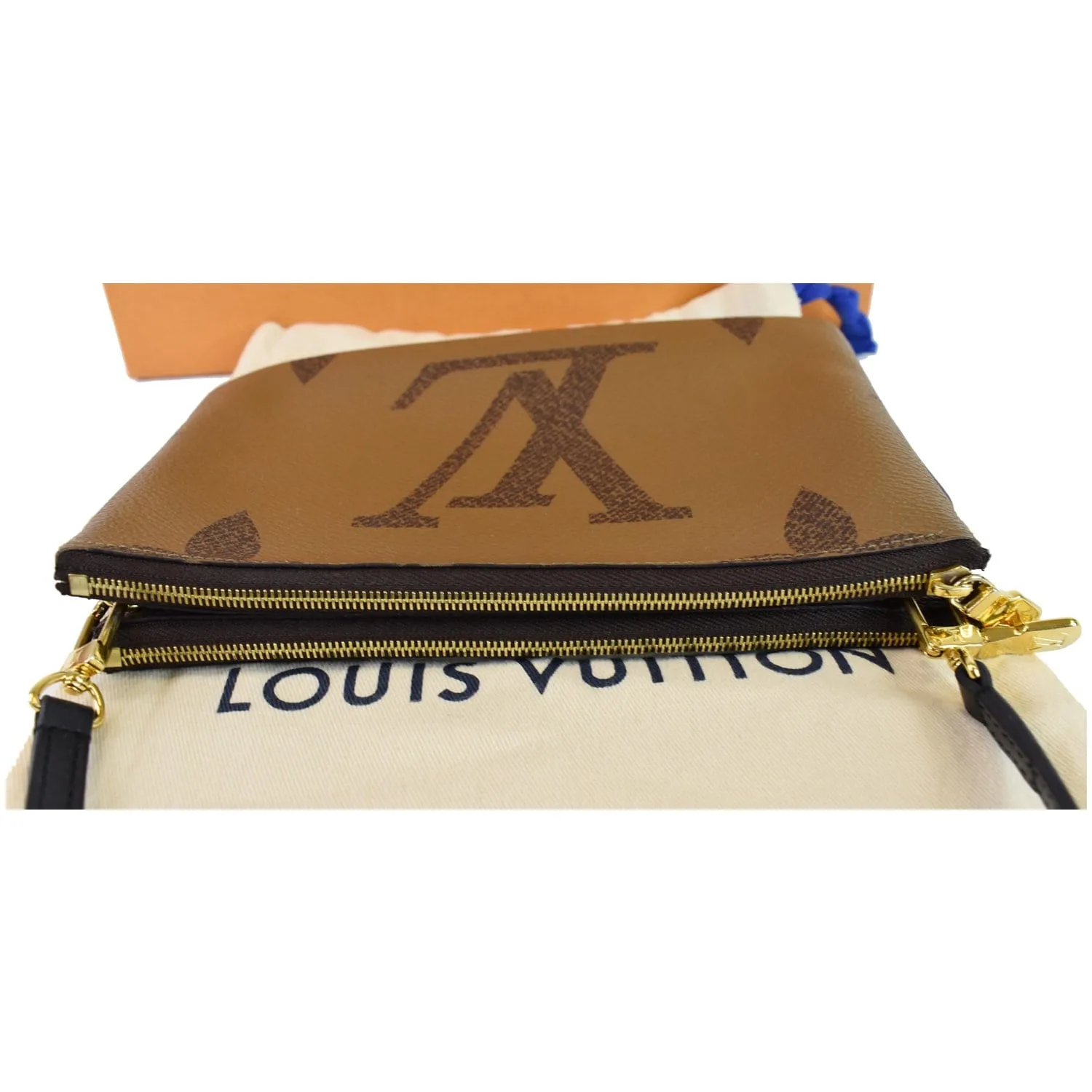 LOUIS VUITTON Double Zip Pochette Reverse Monogram Giant Shoulder Bag Brown