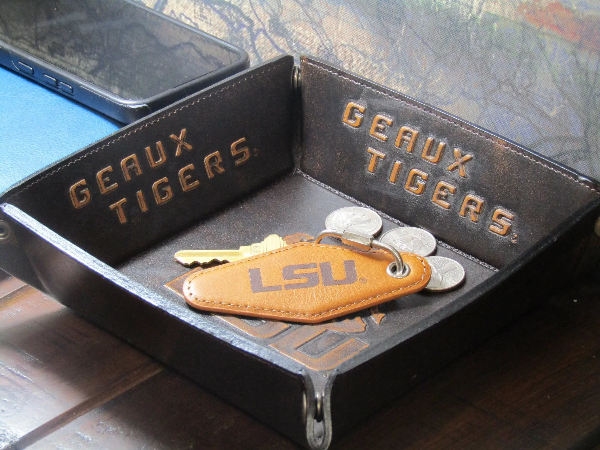 LSU Tigers Collegiate Vintage Full Grain Leather Key Fob. Brown Burnished and Tan Embossed Key Ring.