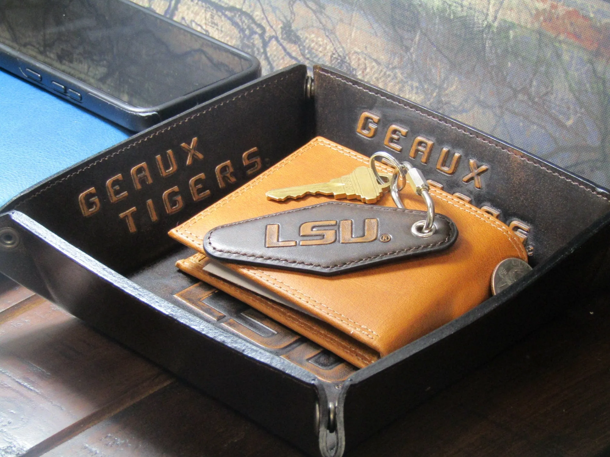 LSU Tigers Collegiate Vintage Full Grain Leather Key Fob. Brown Burnished and Tan Embossed Key Ring.