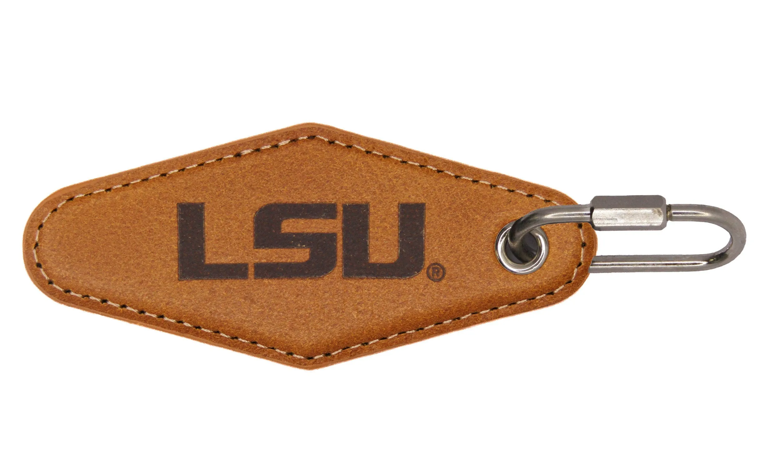 LSU Tigers Collegiate Vintage Full Grain Leather Key Fob. Brown Burnished and Tan Embossed Key Ring.