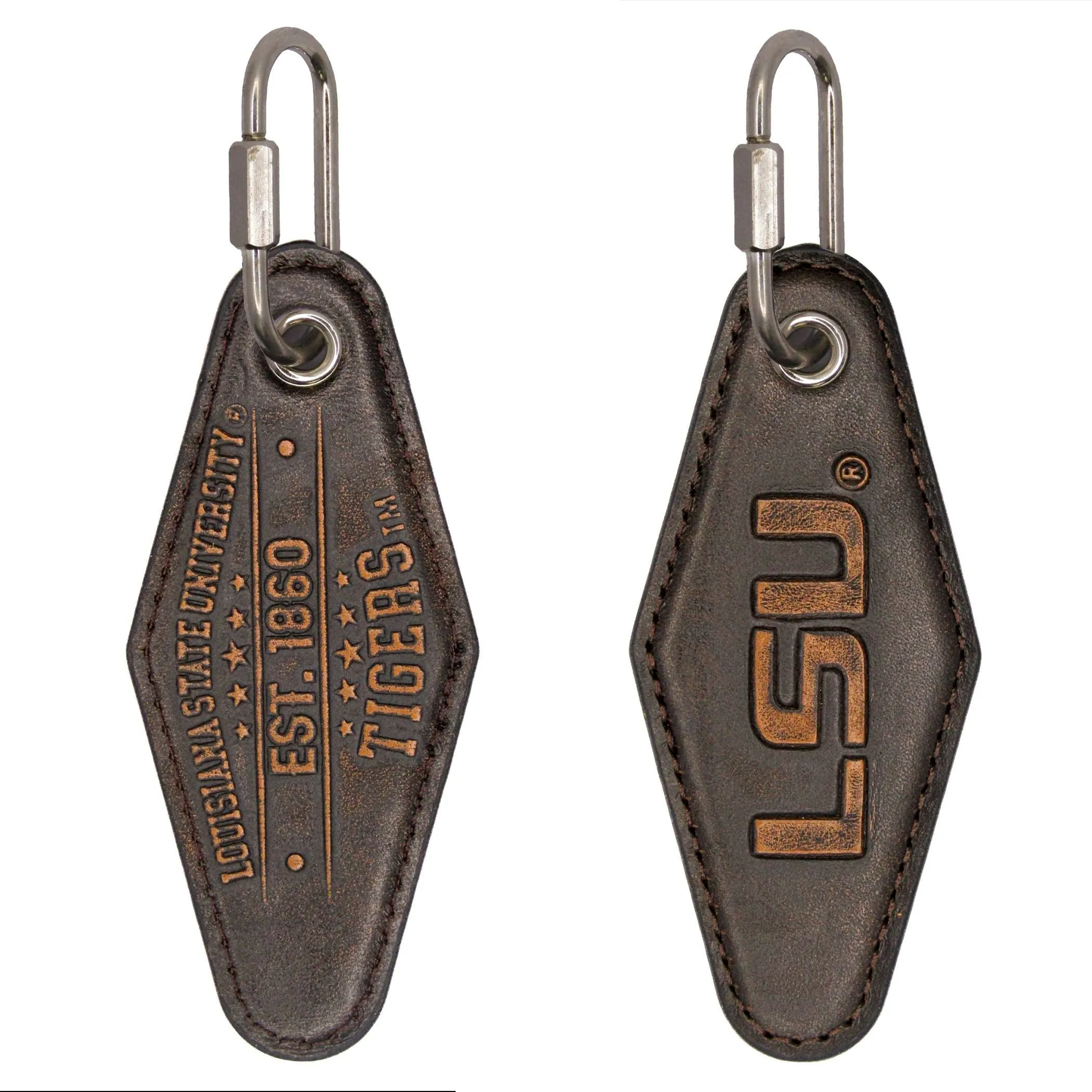 LSU Tigers Collegiate Vintage Full Grain Leather Key Fob. Brown Burnished and Tan Embossed Key Ring.