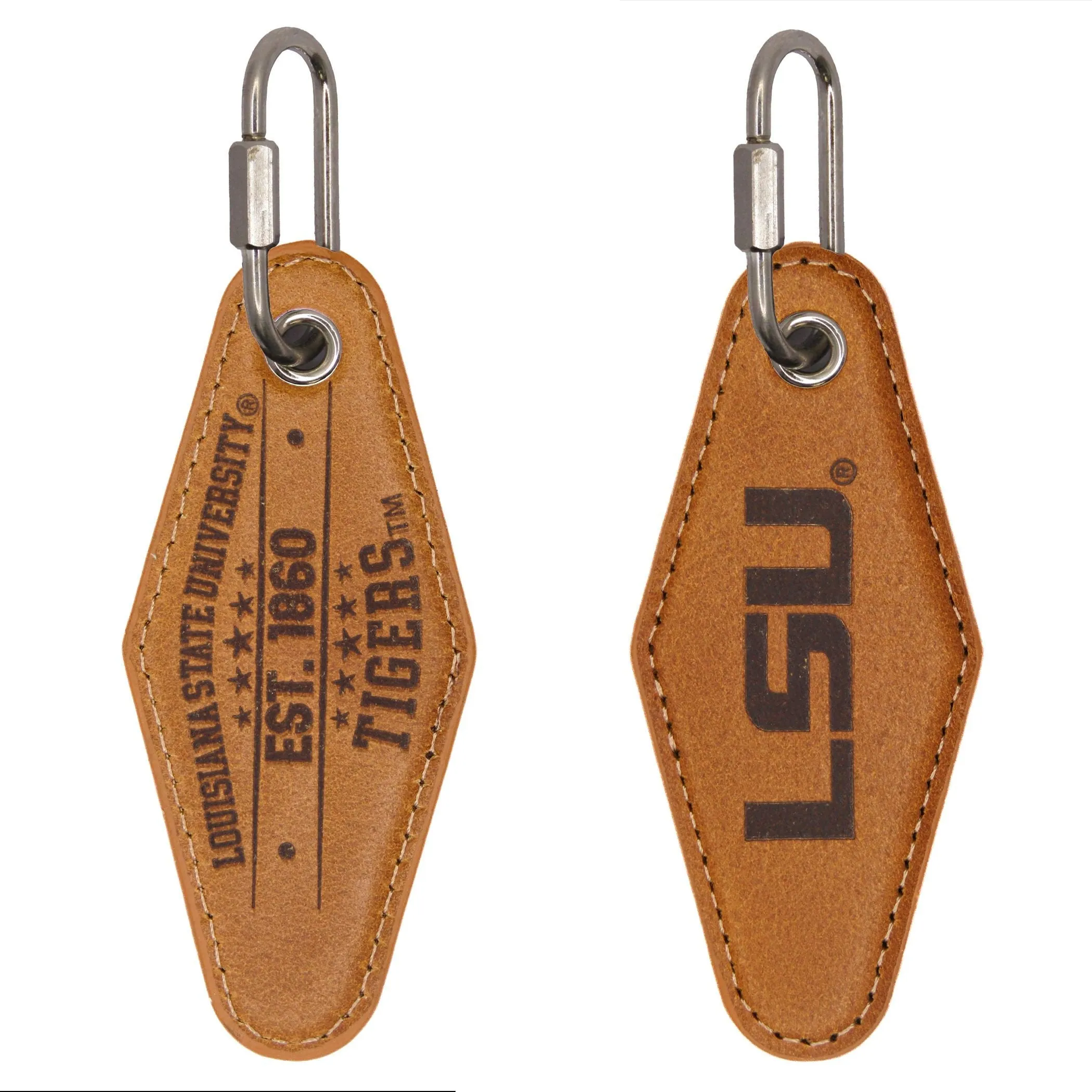 LSU Tigers Collegiate Vintage Full Grain Leather Key Fob. Brown Burnished and Tan Embossed Key Ring.