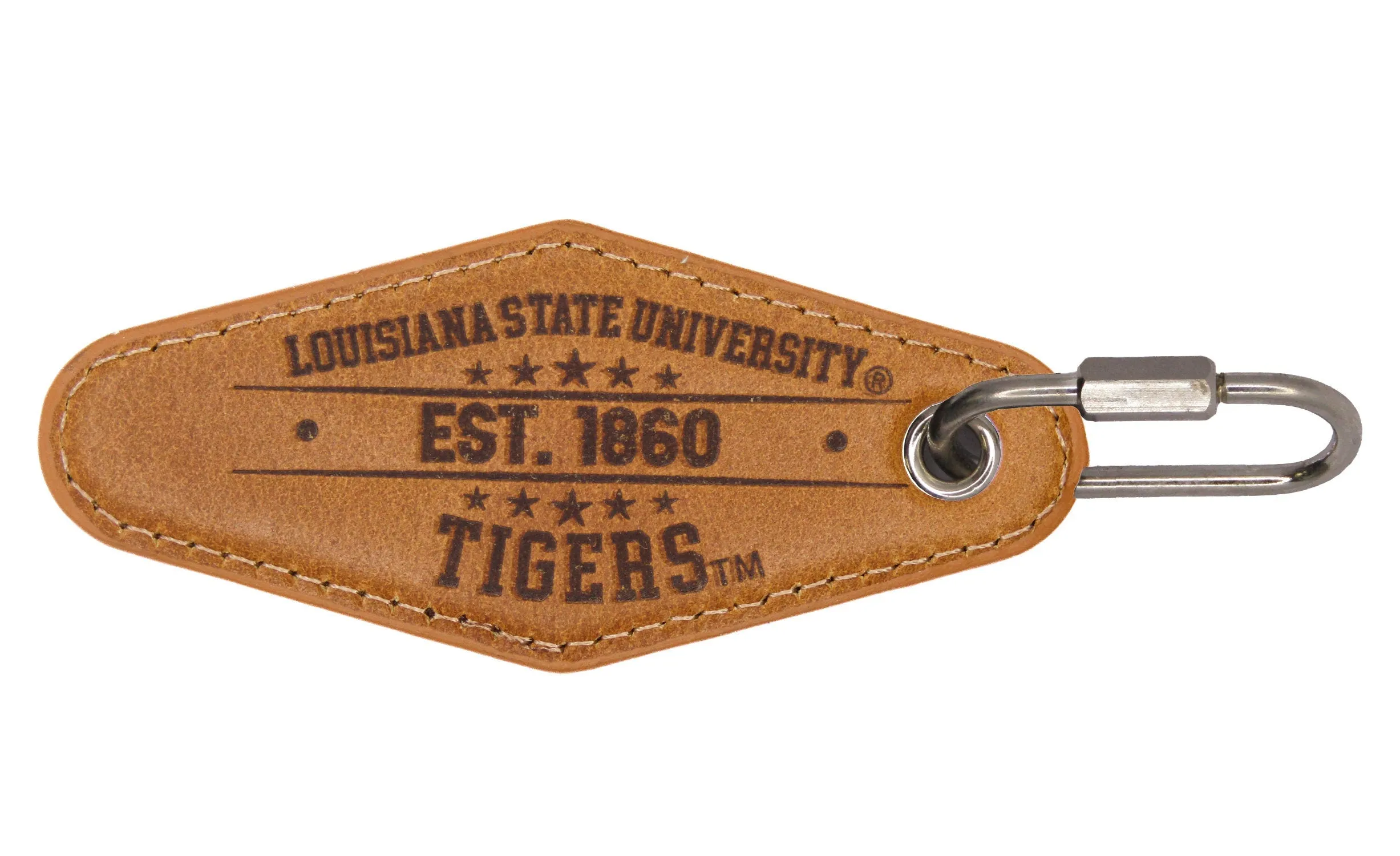 LSU Tigers Collegiate Vintage Full Grain Leather Key Fob. Brown Burnished and Tan Embossed Key Ring.