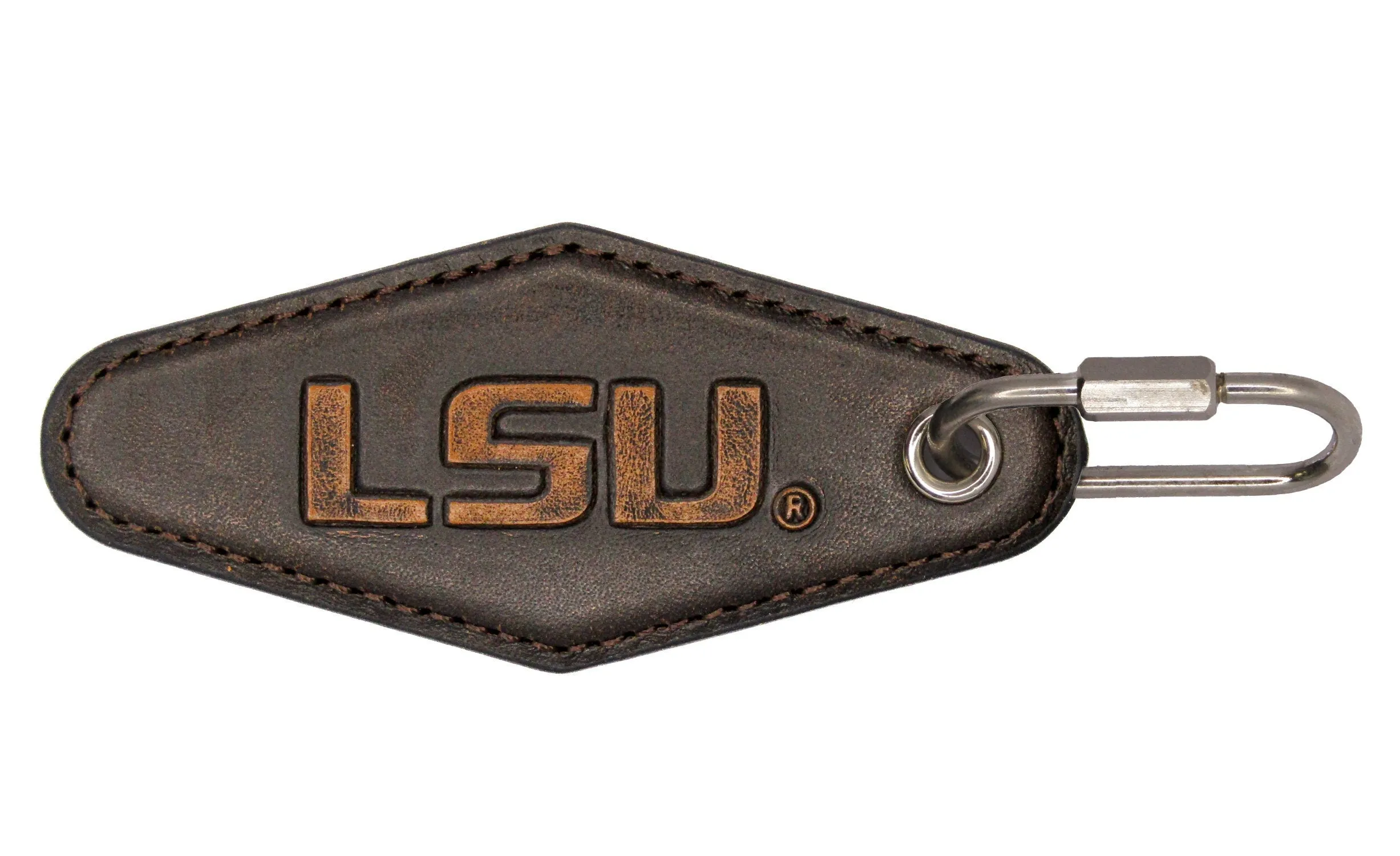 LSU Tigers Collegiate Vintage Full Grain Leather Key Fob. Brown Burnished and Tan Embossed Key Ring.
