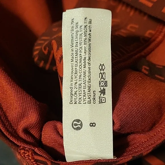 Lululemon Energy Bra, High Neck, Long Line,Sz. 8, Ombre Red Multi print, NWT