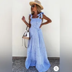 MARTINE Shirred Striped Maxi Dress - BLUE NWT