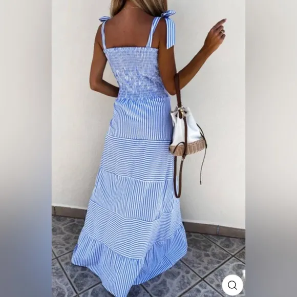 MARTINE Shirred Striped Maxi Dress - BLUE NWT