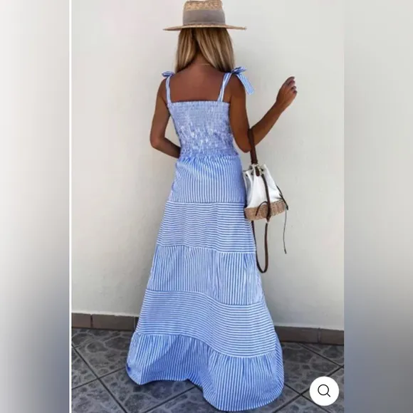 MARTINE Shirred Striped Maxi Dress - BLUE NWT